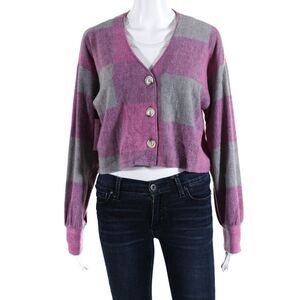Interstyle Womens V Neck Check Fleece Button Up Cardigan Fuschia Gray Small